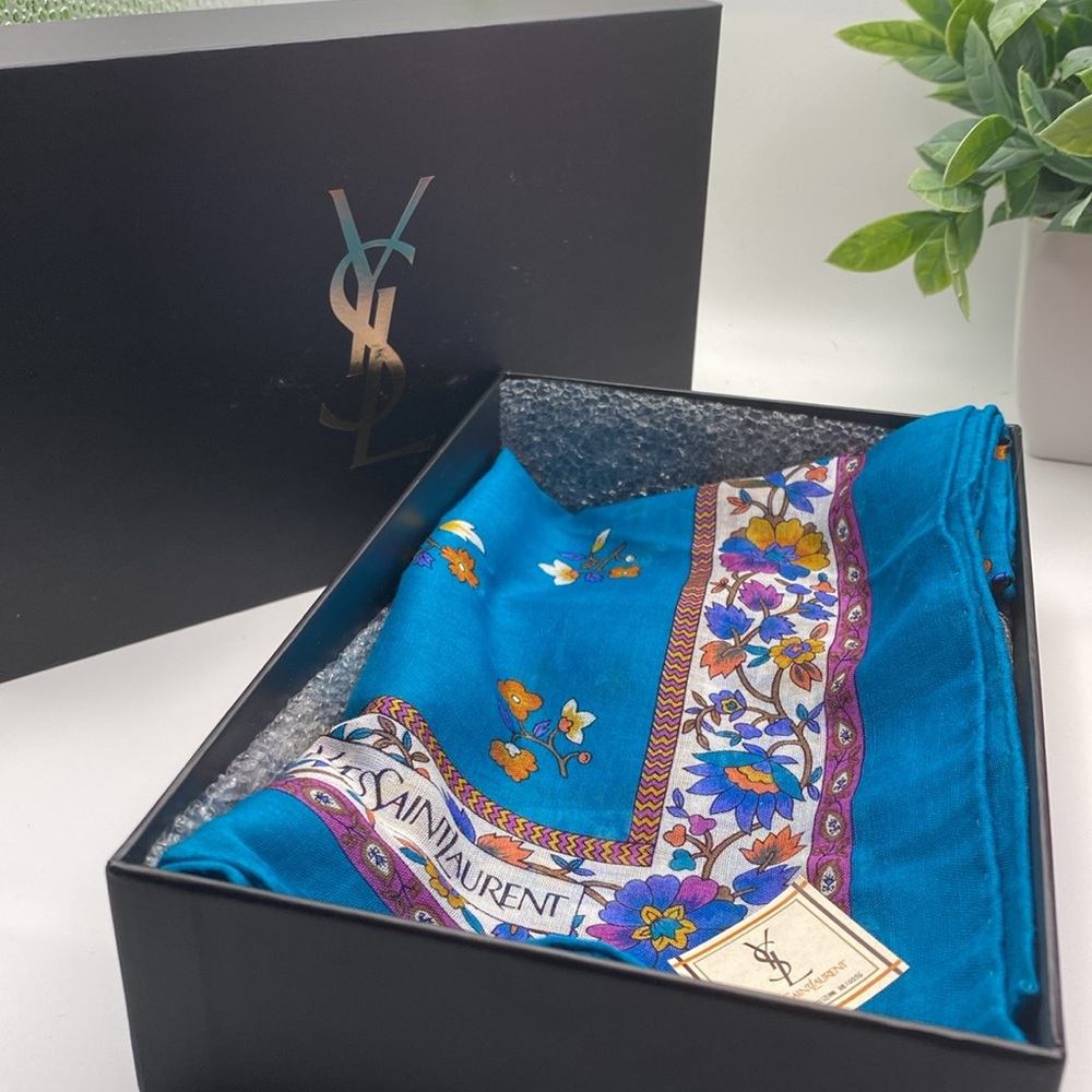 Yves Saint Laurent Teal and Purple Floral Scarf - Picture 9 of 9